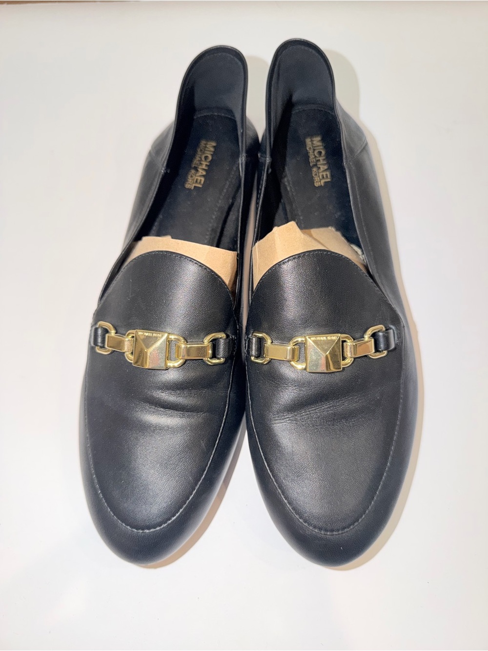 Michael Kors Black Leather Flats Loafers with Gold Metal Detailing, Sz 8.5N